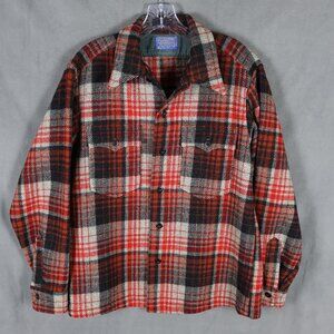 VTG Pendleton Shirt Mens Medium Red Black Plaid Wool Heavy Shacket 70s Outdoors